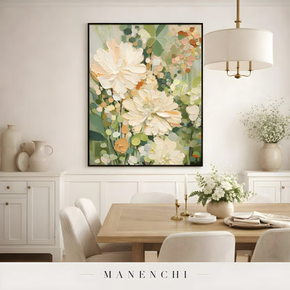 Sage Garden Bloom abstract painting displayed in dining room