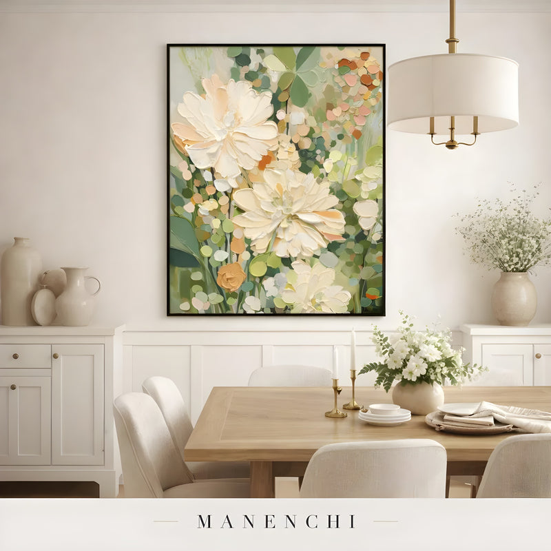 Sage Garden Bloom abstract painting displayed in dining room