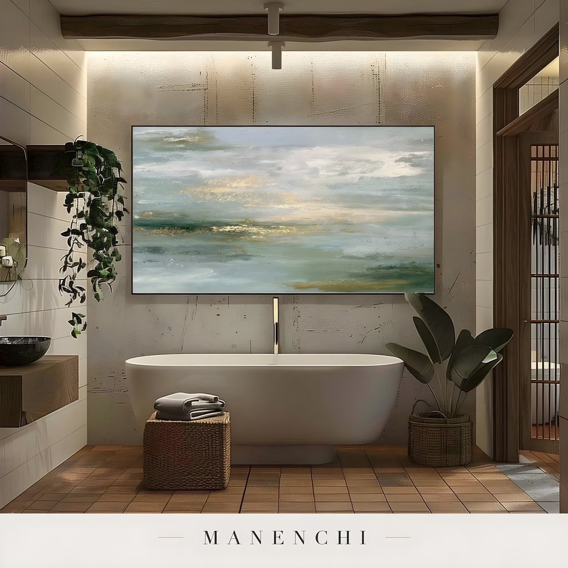 Sage Gilded Horizon abstract painting displayed in bathroom wall art
