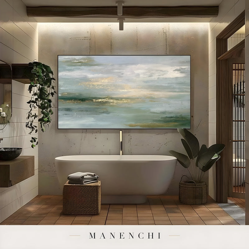 Sage Gilded Horizon abstract painting displayed in bathroom wall art
