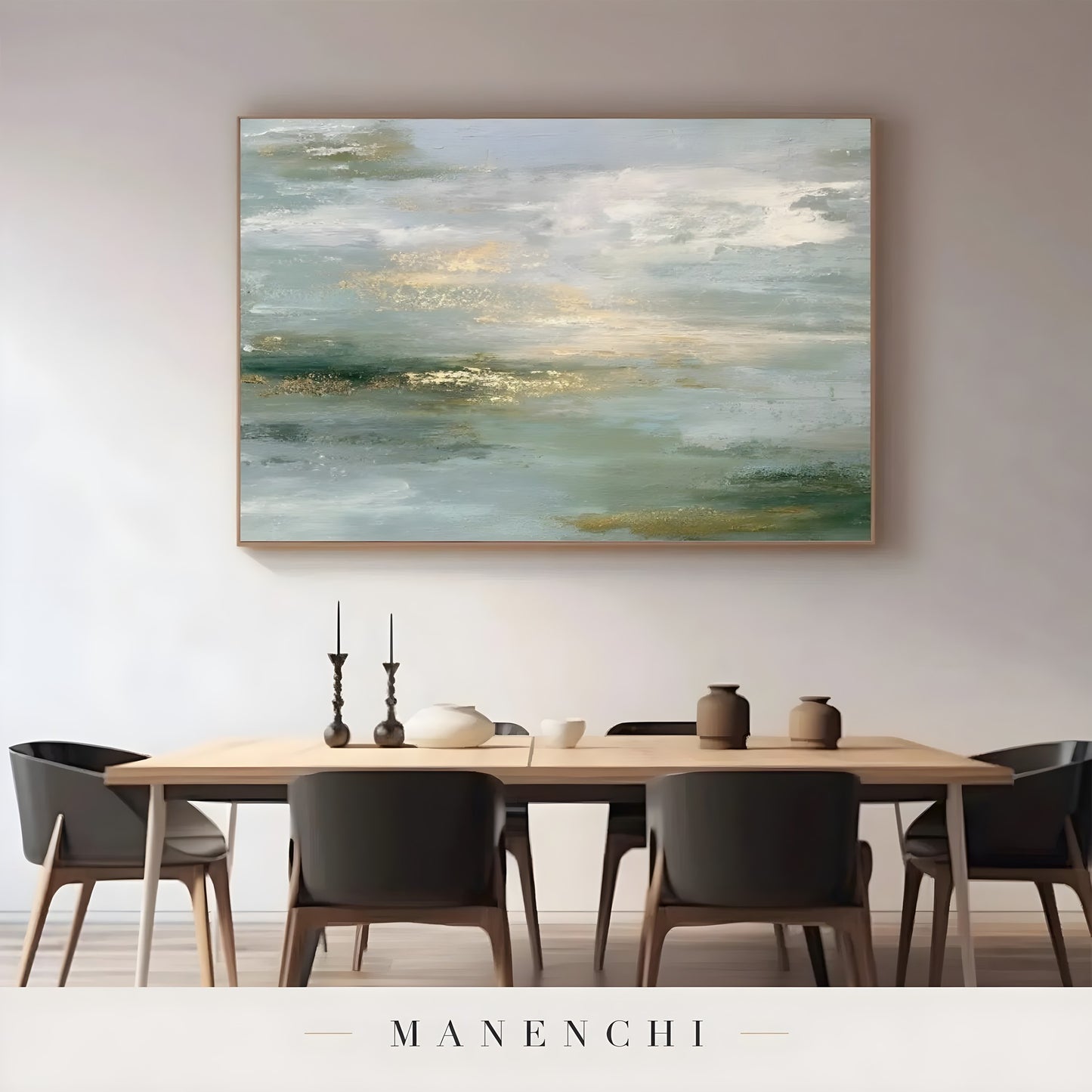Sage Gilded Horizon abstract painting displayed in dining room wall art
