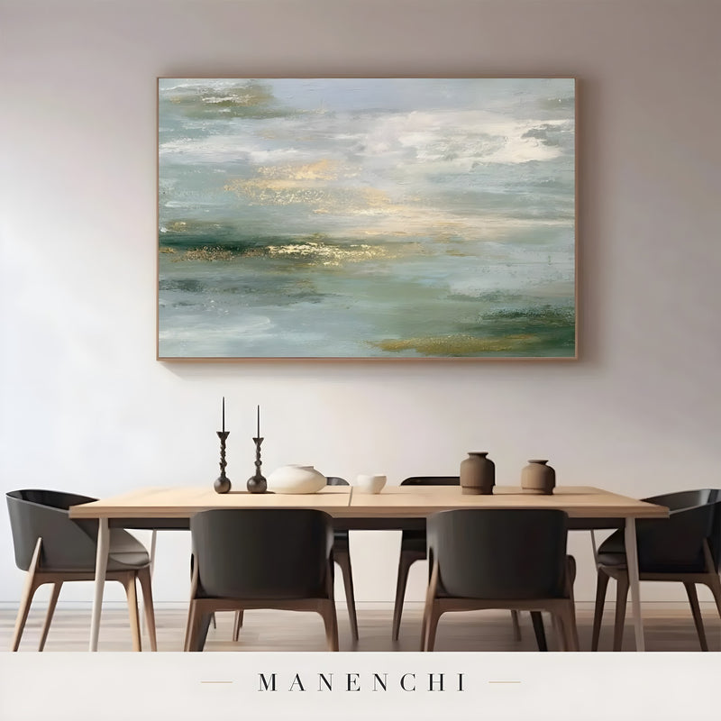 Sage Gilded Horizon abstract painting displayed in dining room wall art