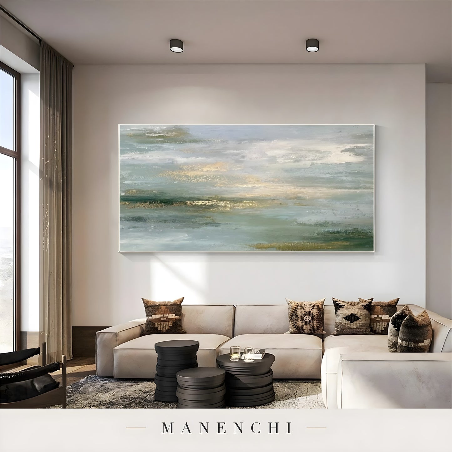 Sage Gilded Horizon abstract painting displayed in living room sofa decor