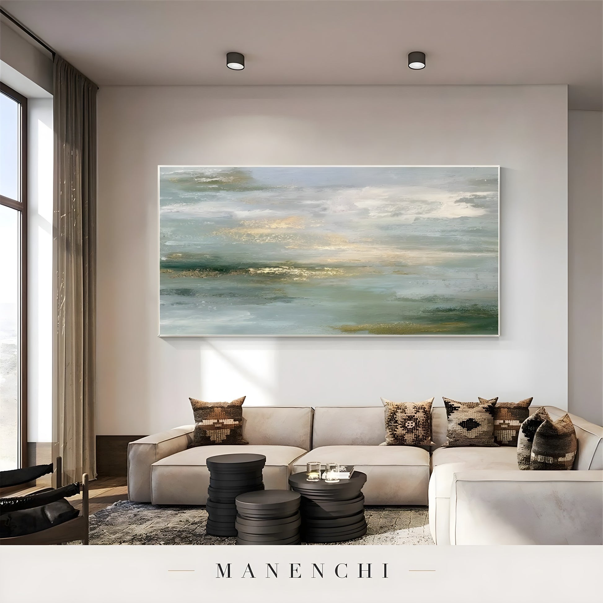 Sage Gilded Horizon abstract painting displayed in living room sofa decor