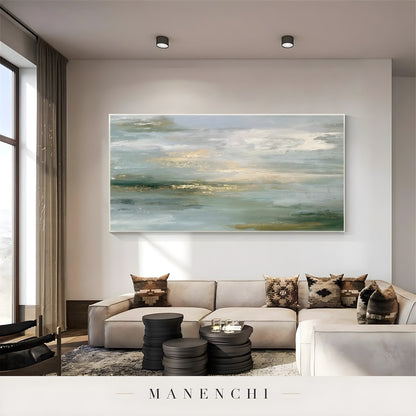 Sage Gilded Horizon abstract painting displayed in living room sofa decor
