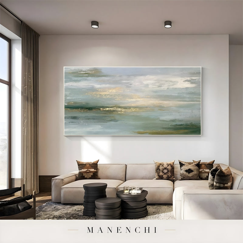 Sage Gilded Horizon abstract painting displayed in living room sofa decor