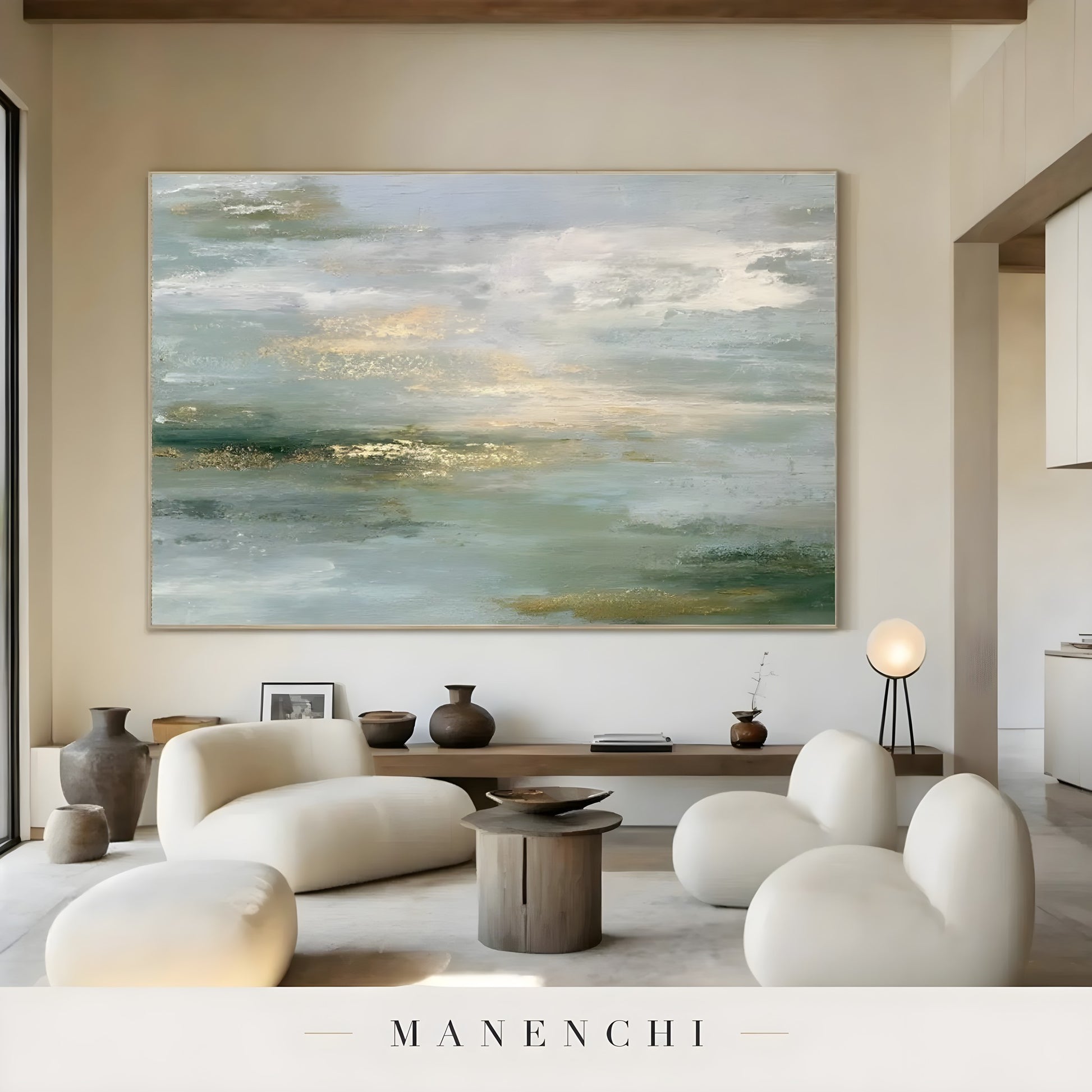 Sage Gilded Horizon abstract painting displayed in modern lounge interior
