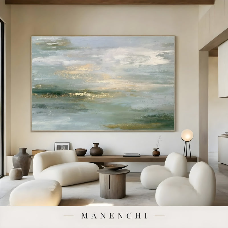 Sage Gilded Horizon abstract painting displayed in modern lounge interior