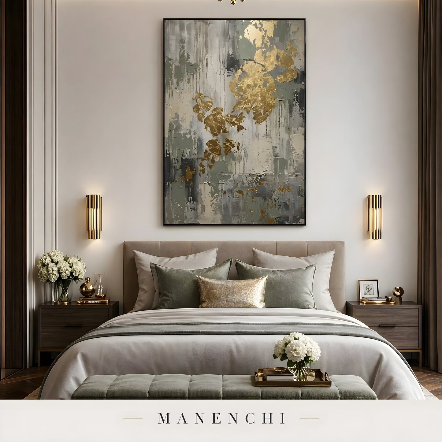 Sage Gilded Monolith abstract painting displayed in bedroom with wall art