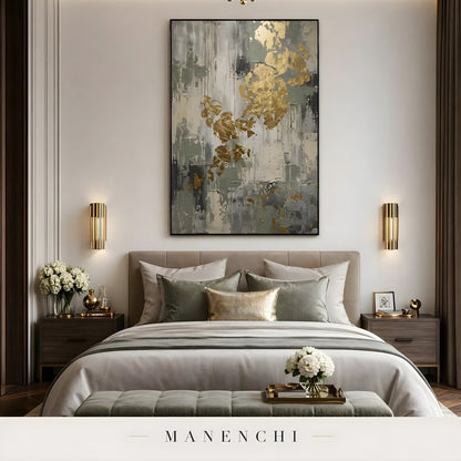 Sage Gilded Monolith abstract painting displayed in bedroom with wall art