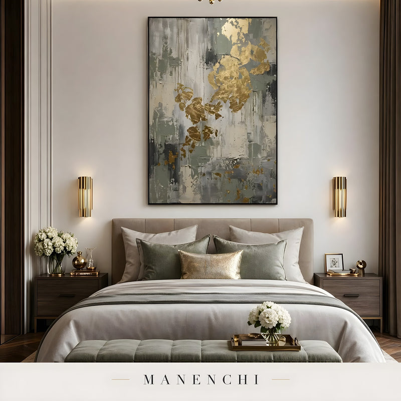 Sage Gilded Monolith abstract painting displayed in bedroom with wall art