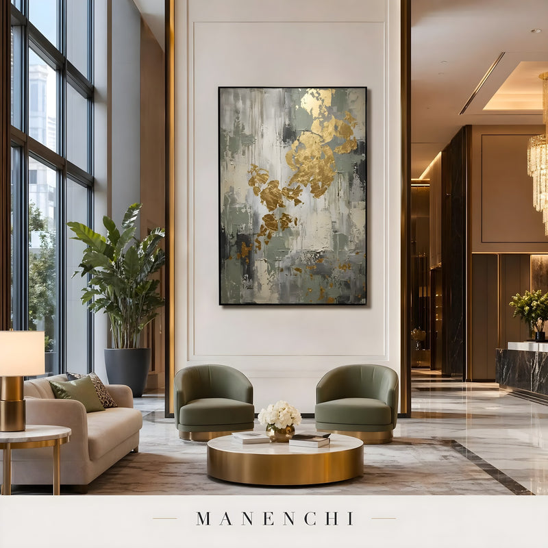 Sage Gilded Monolith abstract painting displayed in elegant living room setting
