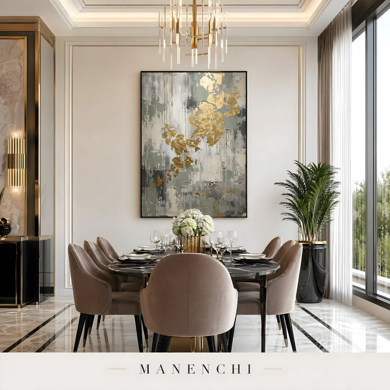 Sage Gilded Monolith abstract painting displayed in formal dining room art