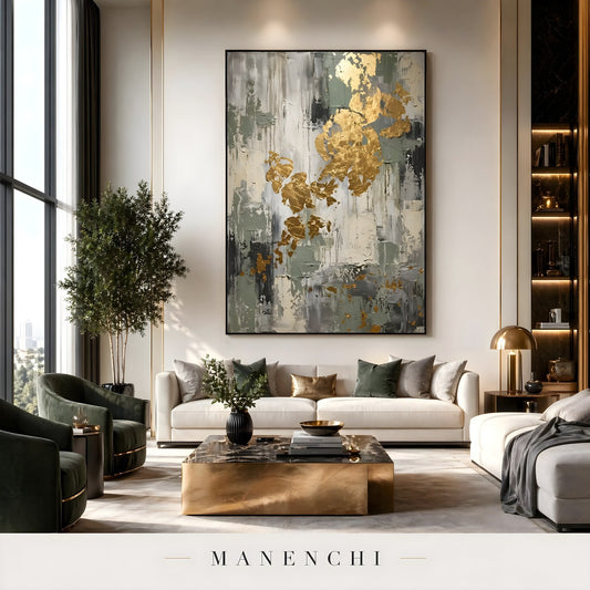 Sage Gilded Monolith abstract painting displayed in luxury living room interior