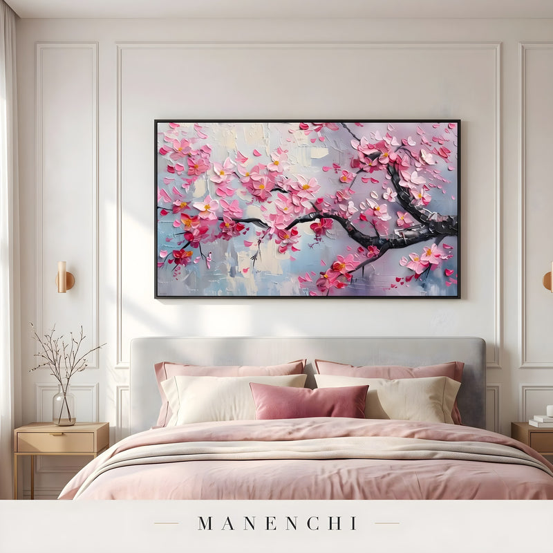 Sakura Twilight Impression abstract painting displayed in bedroom above bed headboard