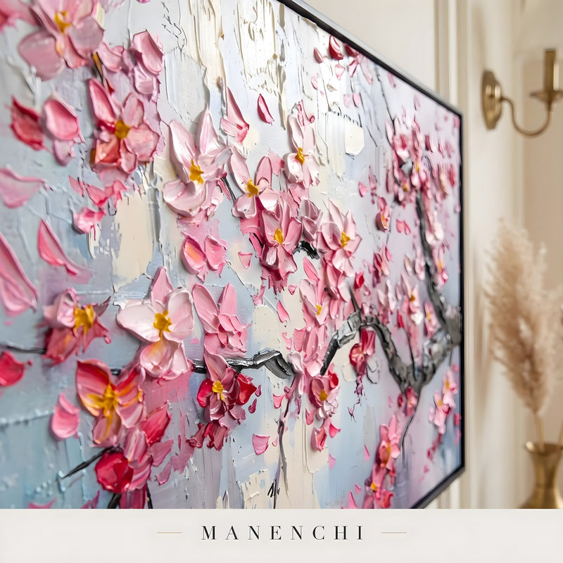 Close-up detail of the textured brushwork in Sakura Twilight Impression