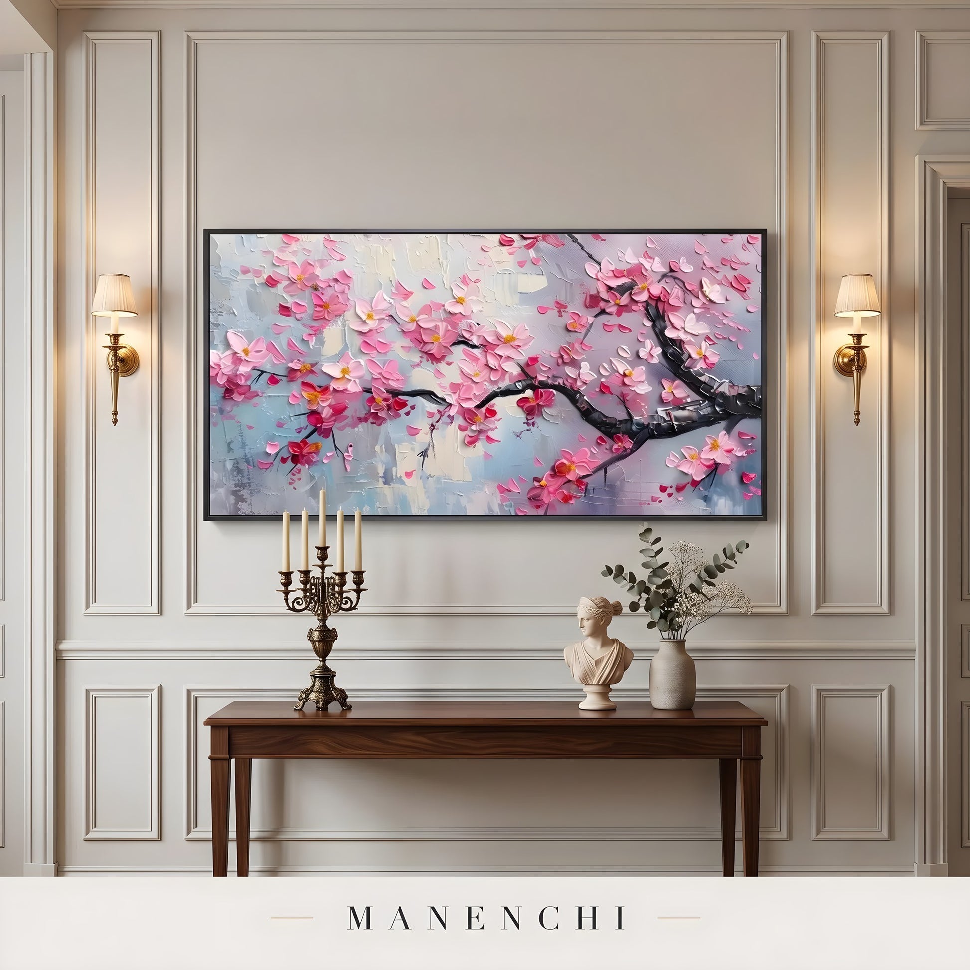 Sakura Twilight Impression abstract painting displayed in entryway console table decor