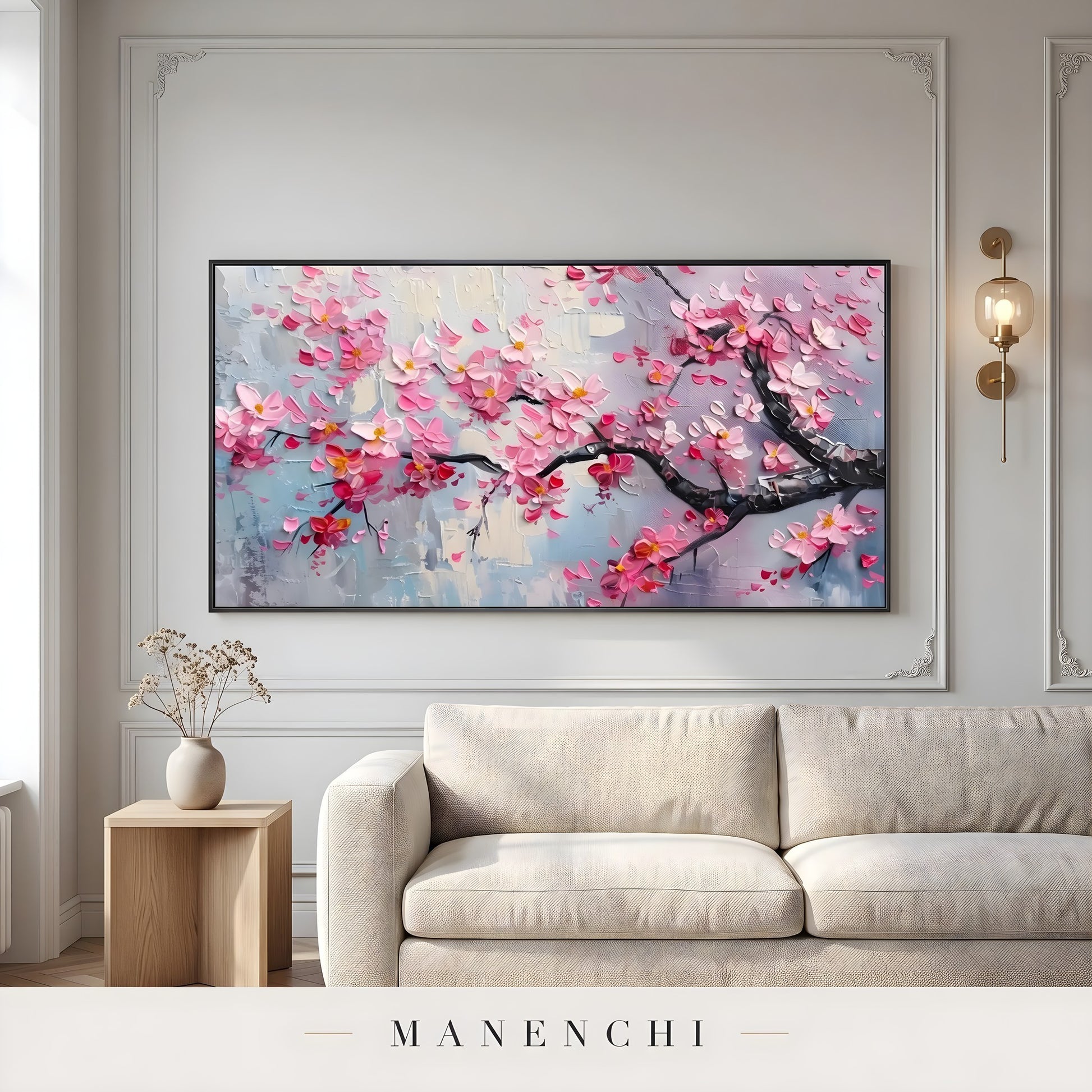Sakura Twilight Impression abstract painting displayed in living room sofa display
