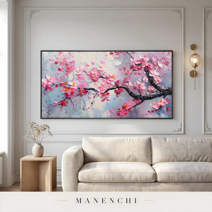 Sakura Twilight Impression abstract painting displayed in living room sofa display