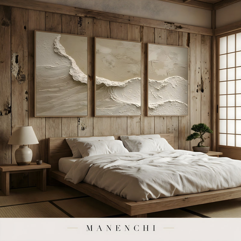 Sandstone Crest abstract painting displayed in bedroom interior