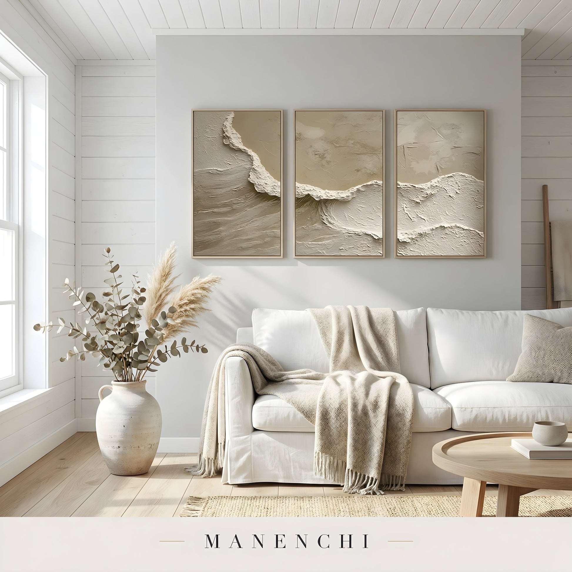 Sandstone Crest abstract painting displayed in living room sofa