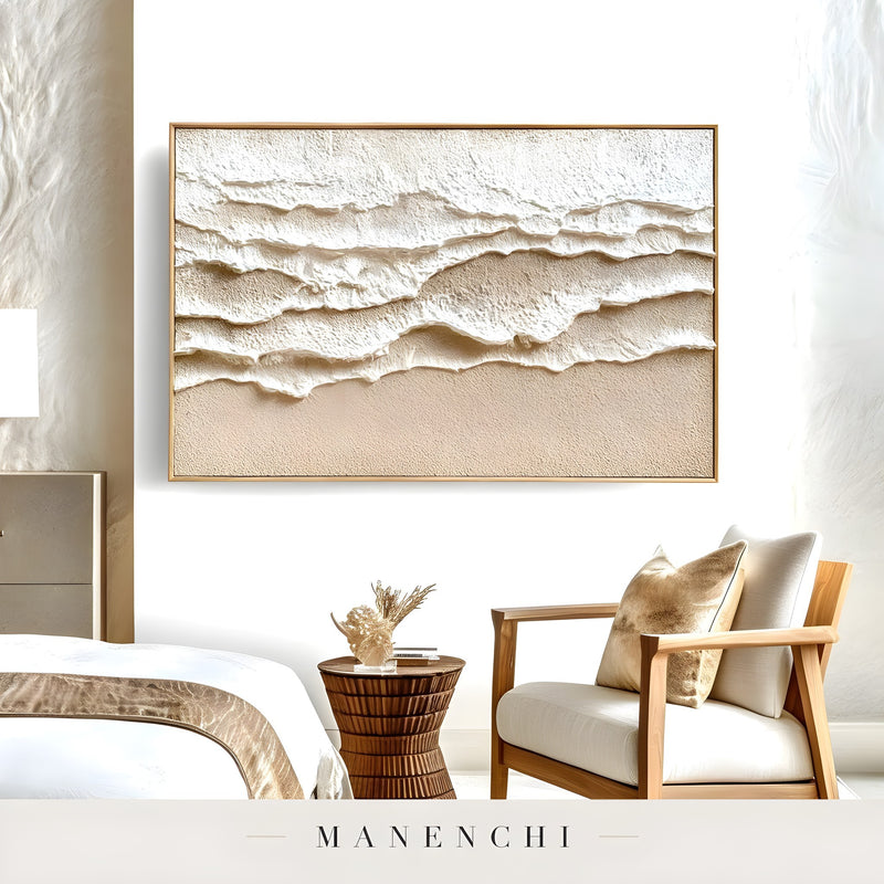 Sculpted Dune Horizon abstract painting displayed in elegant bedroom decor setting
