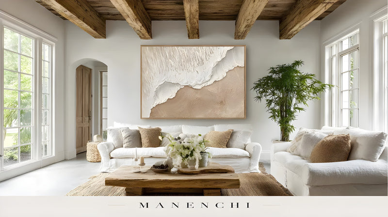 Sculpted Dune Horizon abstract painting displayed in farmhouse living room interior