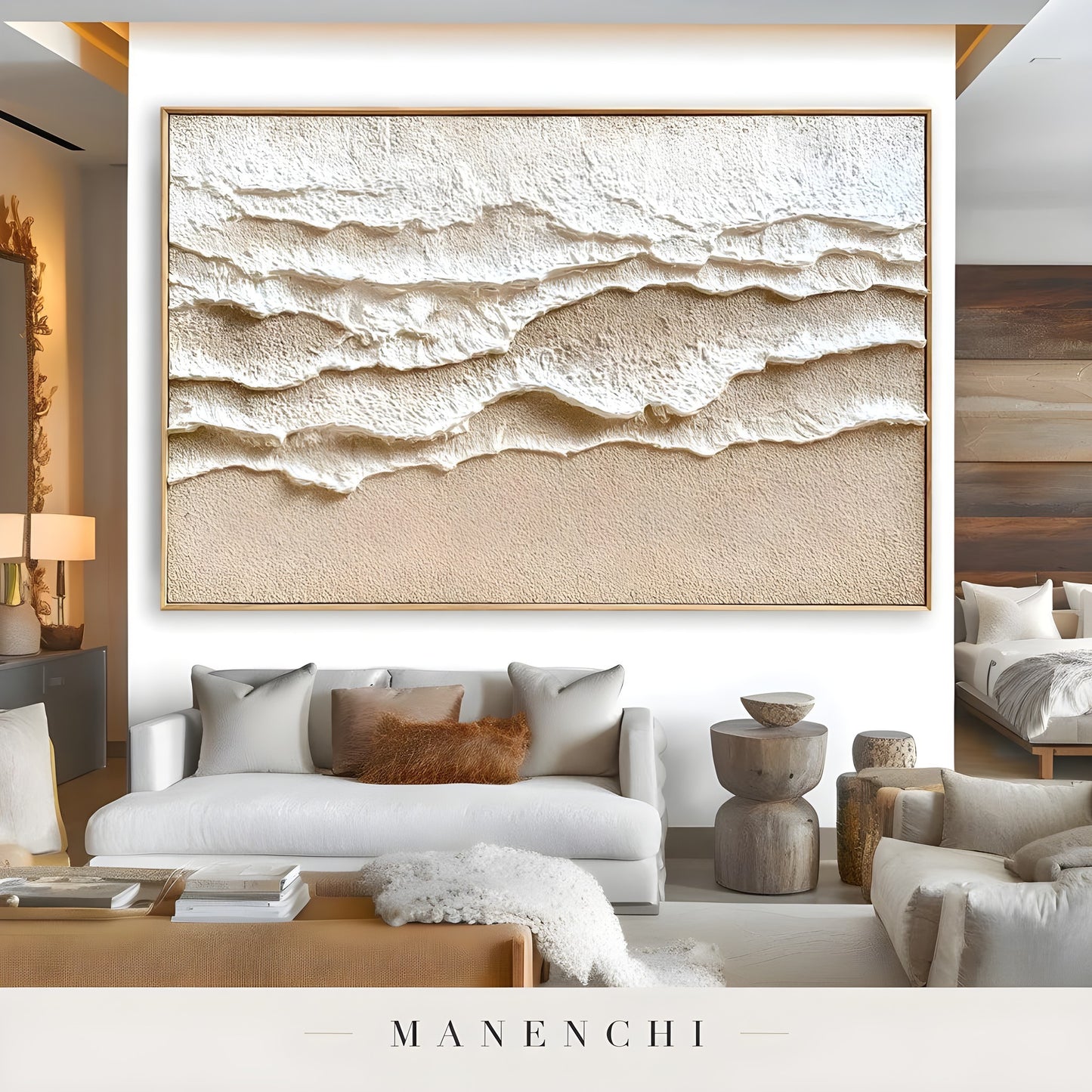 Sculpted Dune Horizon abstract painting displayed in living room sofa display