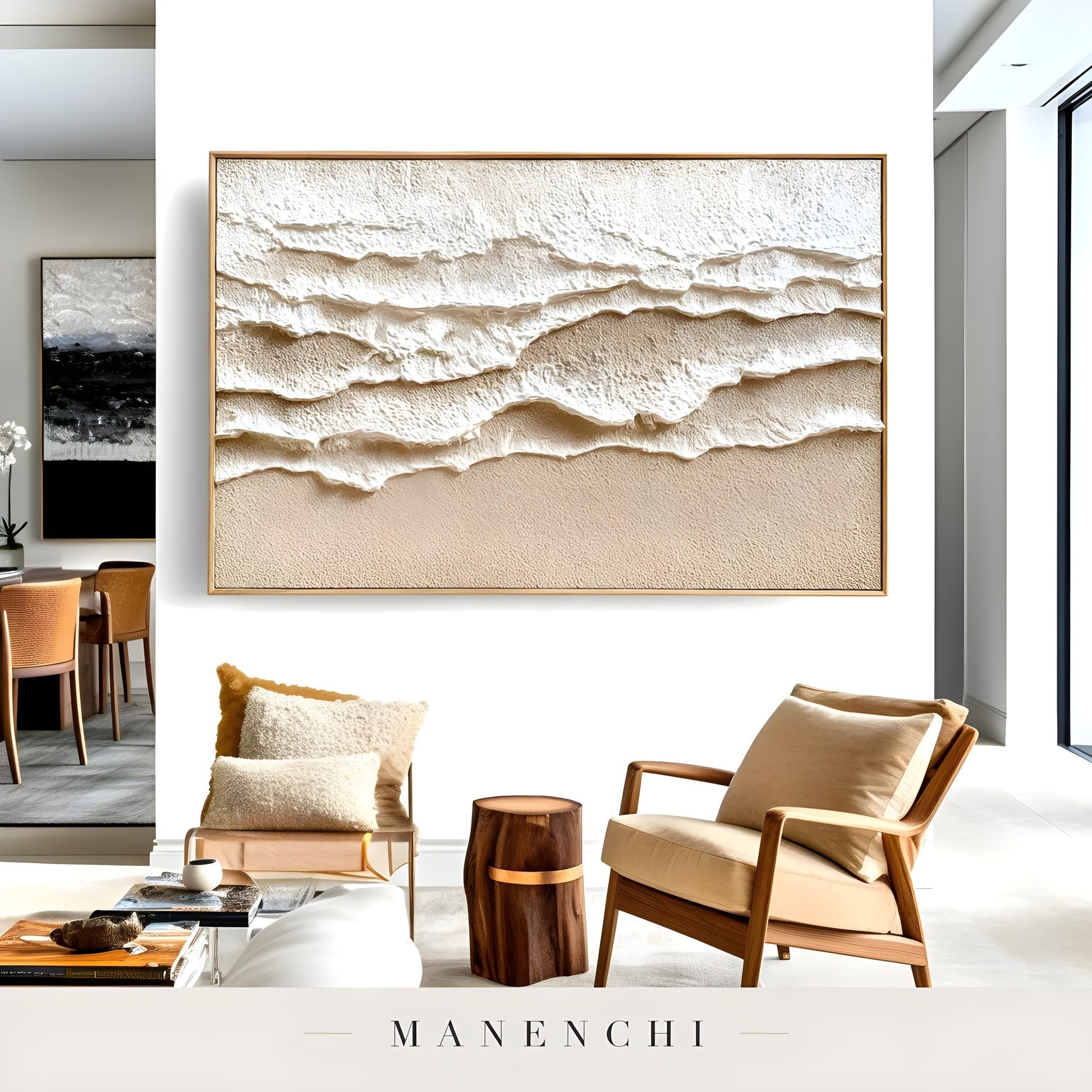 Sculpted Dune Horizon abstract painting displayed in modern lounge area view