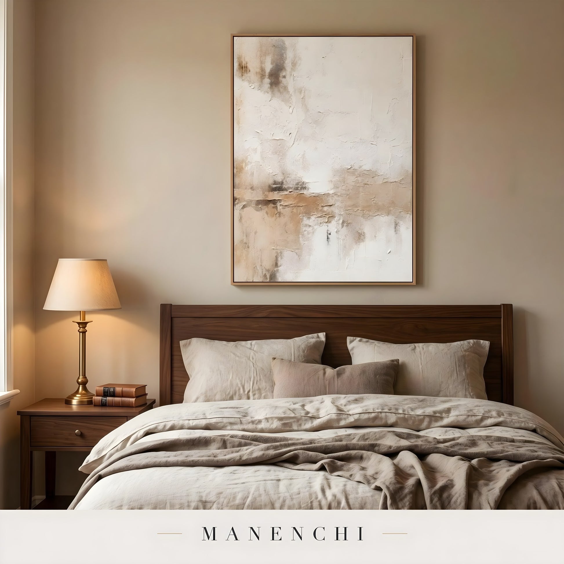 Sculpted Earthscape abstract painting displayed in bedroom above bed display