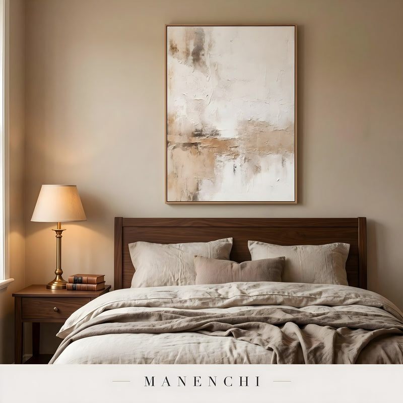Sculpted Earthscape abstract painting displayed in bedroom above bed display