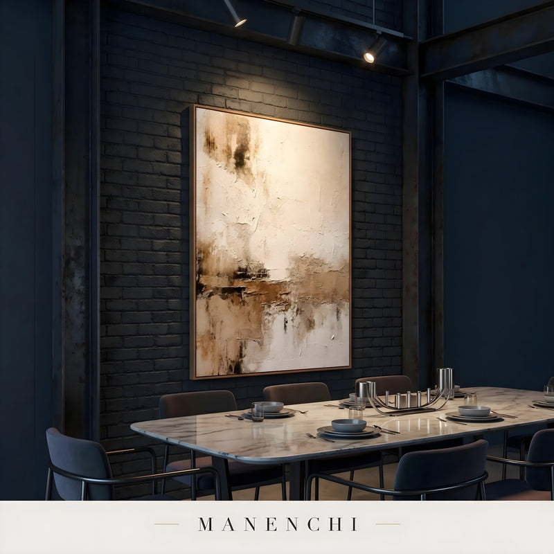 Sculpted Earthscape abstract painting displayed in dining room dark wall