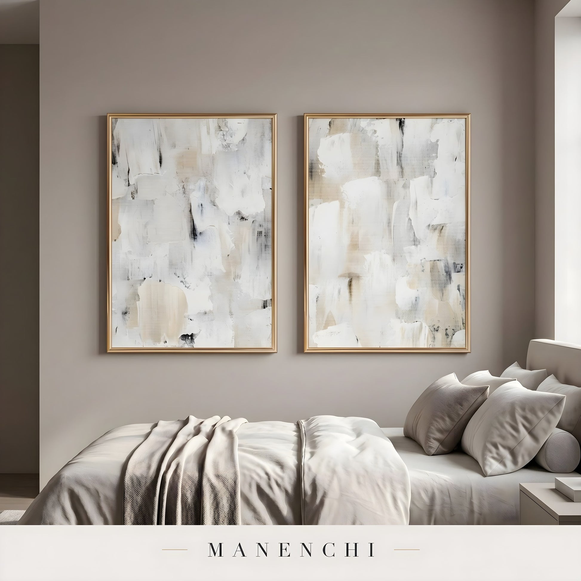 Sculpted Neutrality abstract painting displayed in bedroom interior wall art
