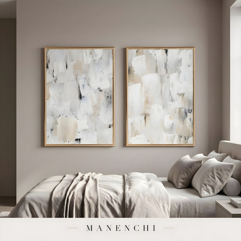 Sculpted Neutrality abstract painting displayed in bedroom interior wall art