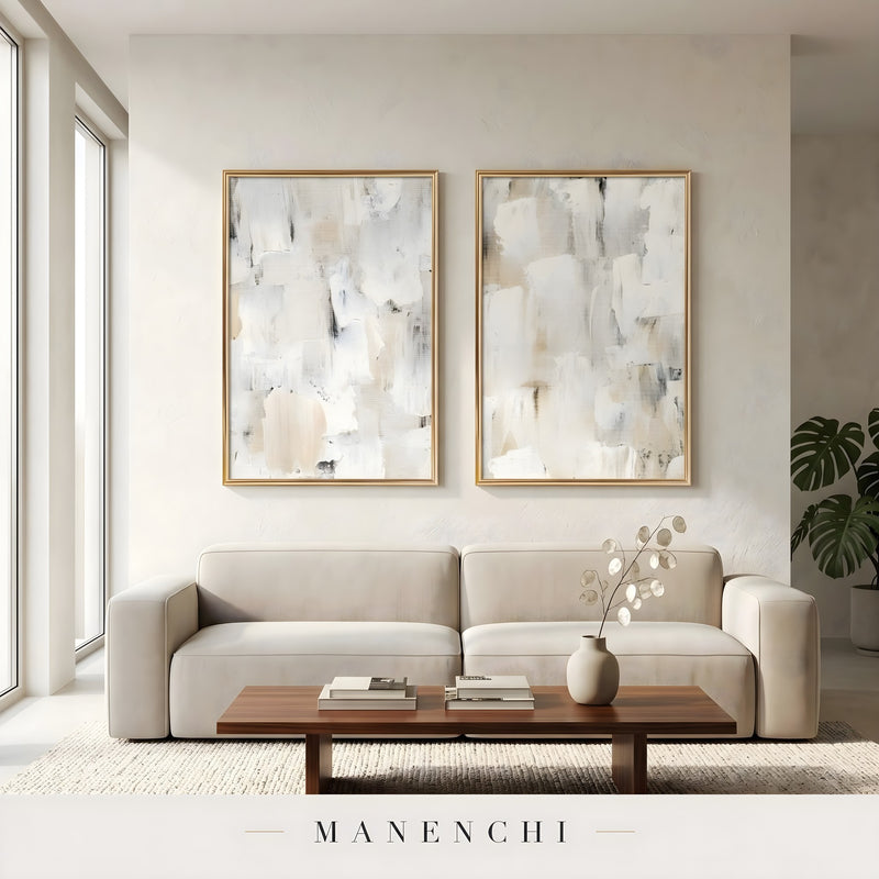 Sculpted Neutrality abstract painting displayed in living room sofa decor