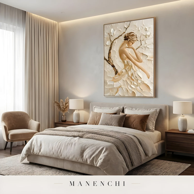 Sculpted Petal Grace abstract painting displayed in cozy neutral bedroom