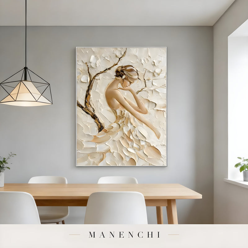 Sculpted Petal Grace abstract painting displayed in dining room interior
