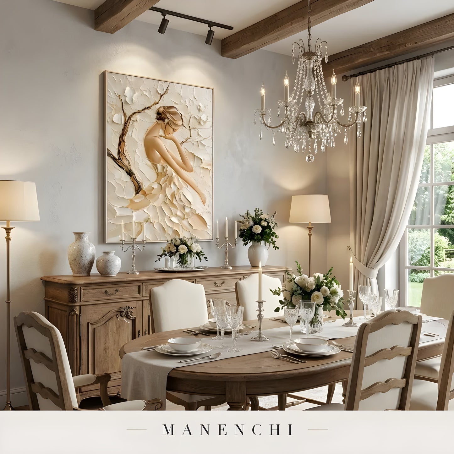 Sculpted Petal Grace abstract painting displayed in elegant dining room