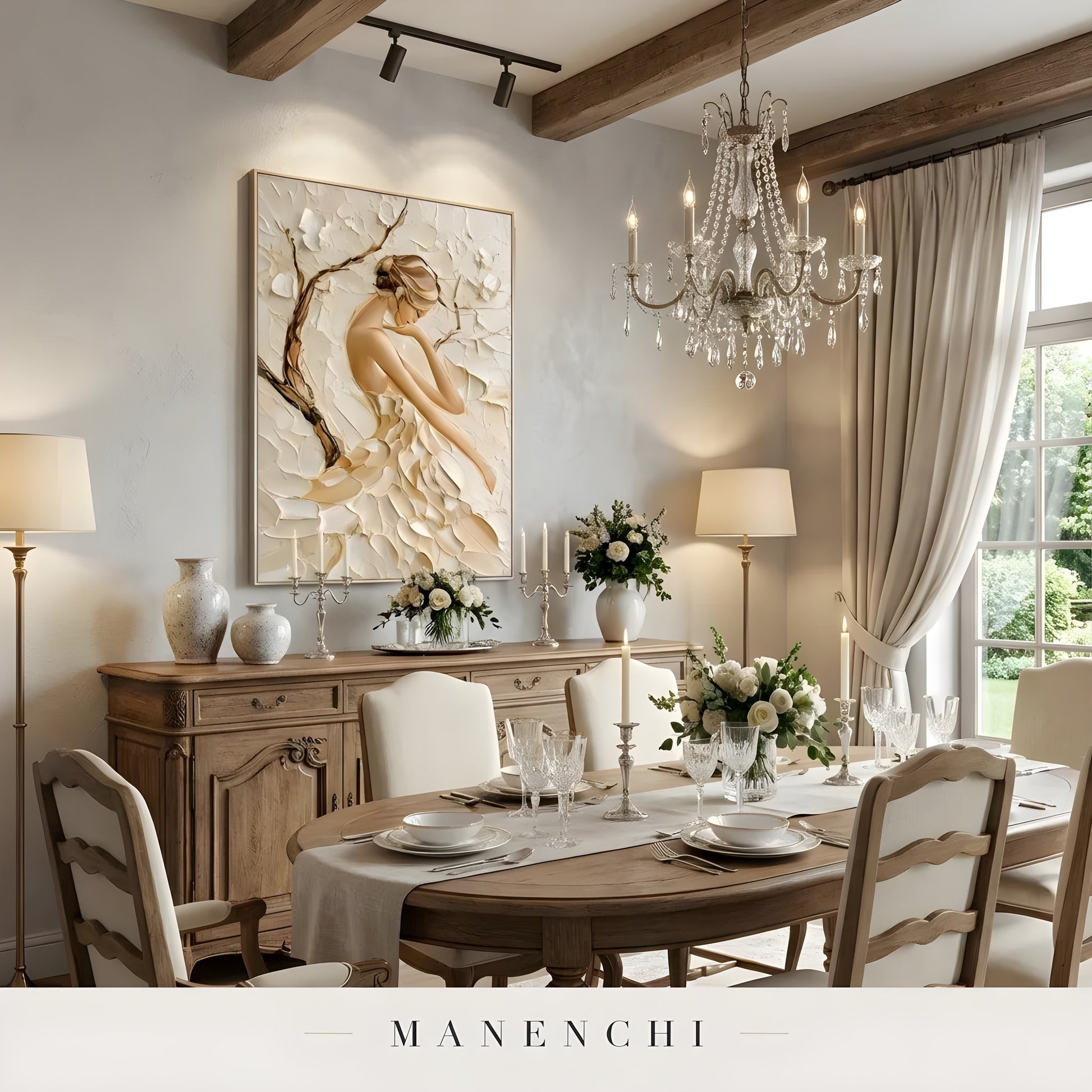 Sculpted Petal Grace abstract painting displayed in elegant dining room