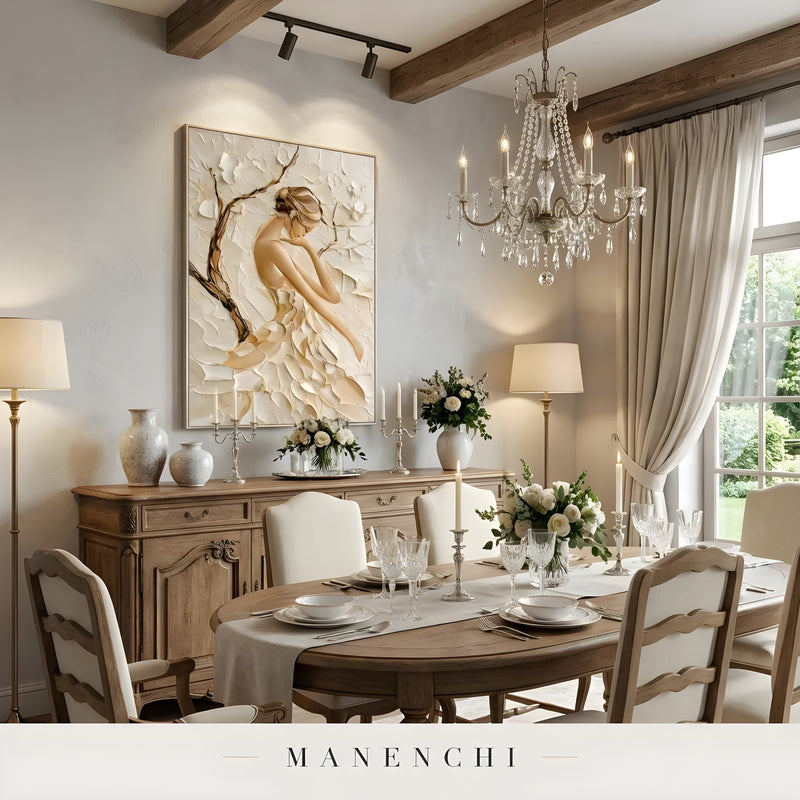 Sculpted Petal Grace abstract painting displayed in elegant dining room
