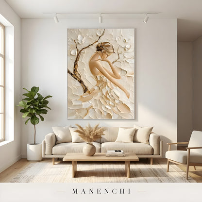 Sculpted Petal Grace abstract painting displayed in modern living room