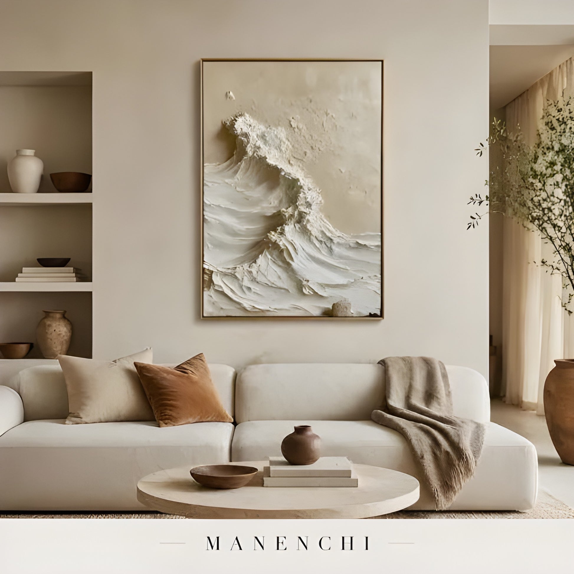 Sculpted Sand Crest abstract painting displayed in cozy living room decor