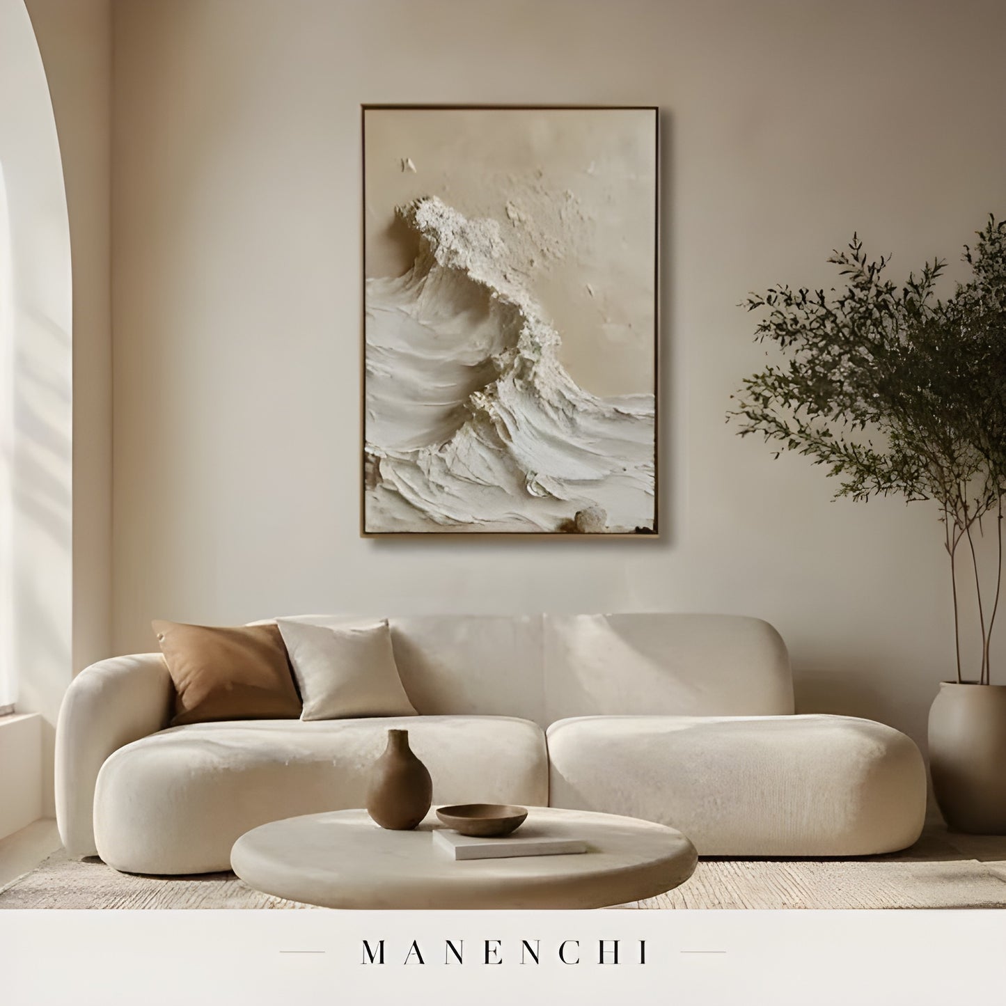 Sculpted Sand Crest abstract painting displayed in living room sofa display