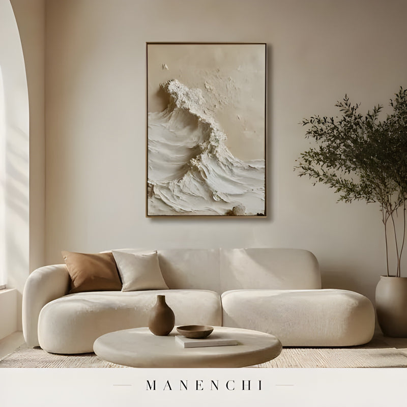 Sculpted Sand Crest abstract painting displayed in living room sofa display