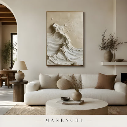 Sculpted Sand Crest abstract painting displayed in lounge sofa interior view