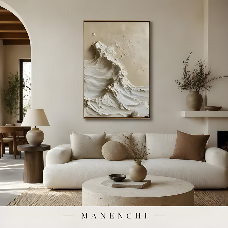 Sculpted Sand Crest abstract painting displayed in lounge sofa interior view