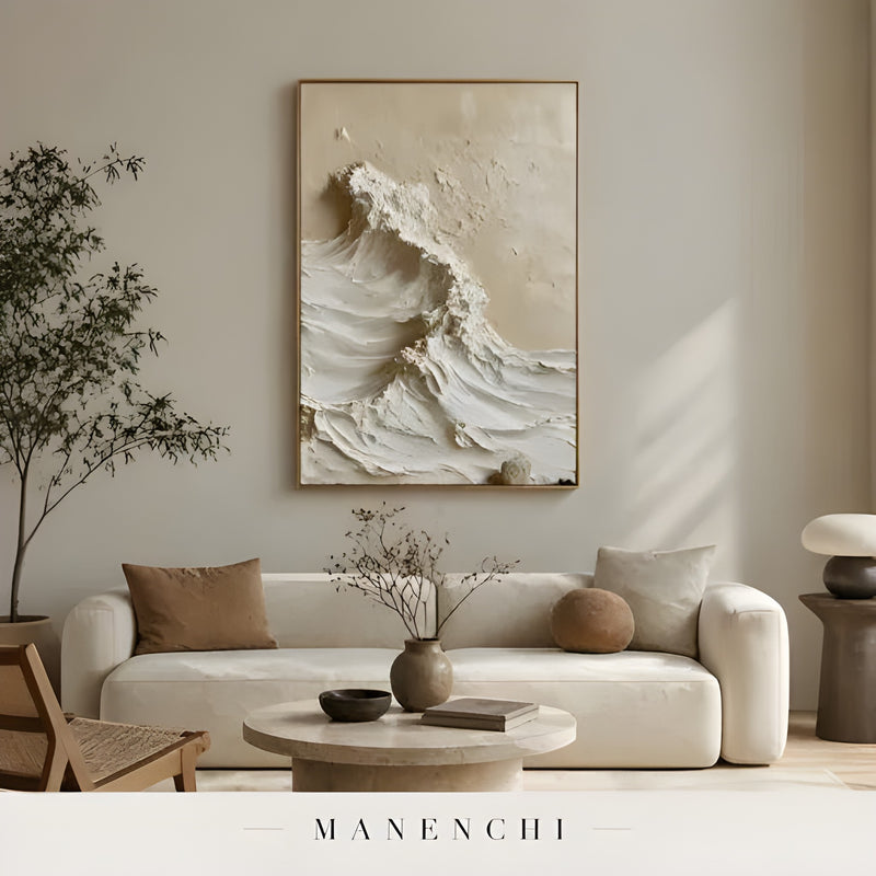 Sculpted Sand Crest abstract painting displayed in modern minimalist living room