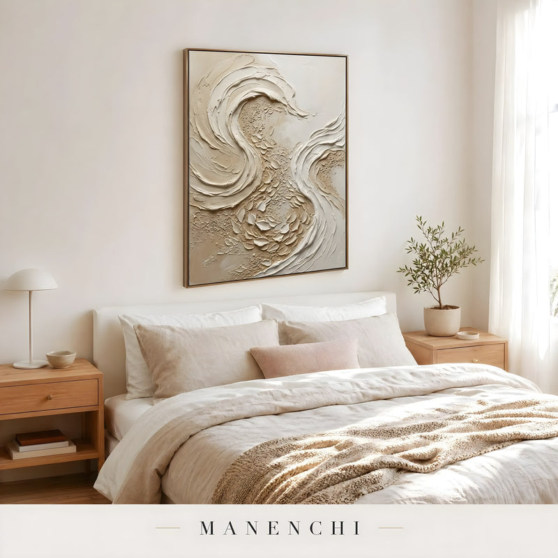 Sculpted Sandstone Swirl abstract painting displayed in cozy bedroom interior