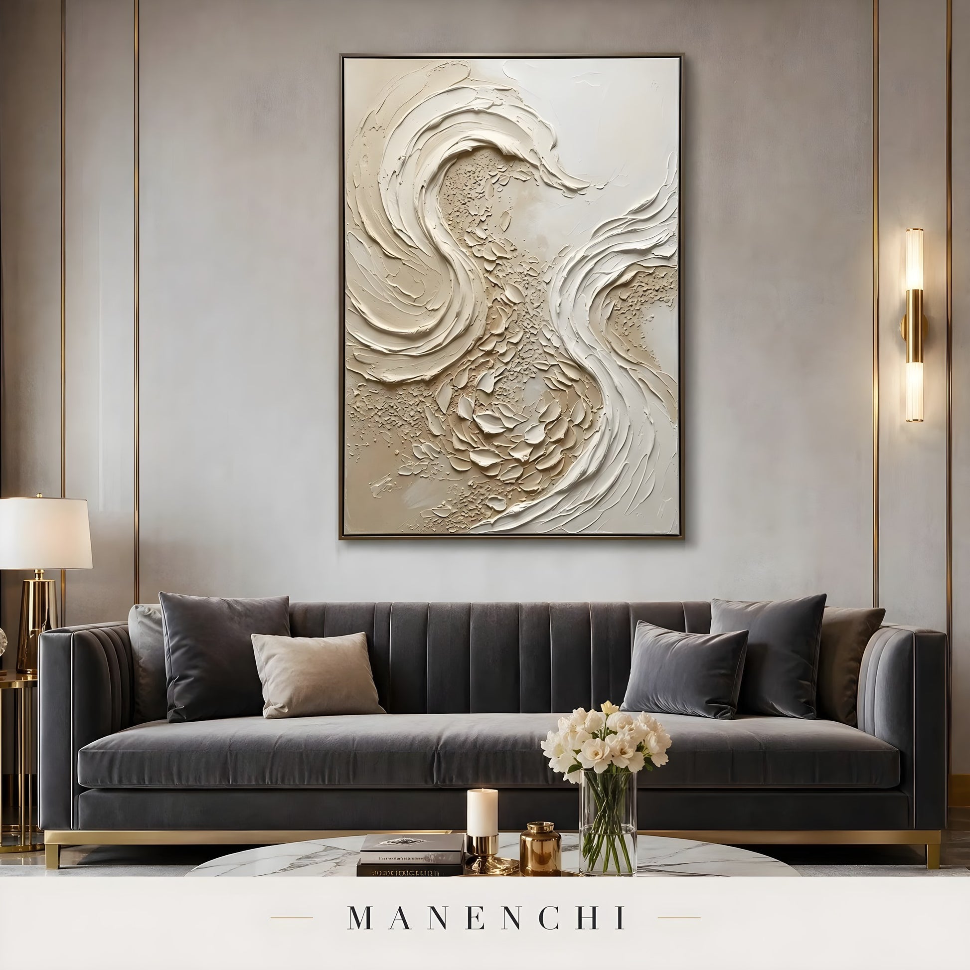 Sculpted Sandstone Swirl abstract painting displayed in dark living room