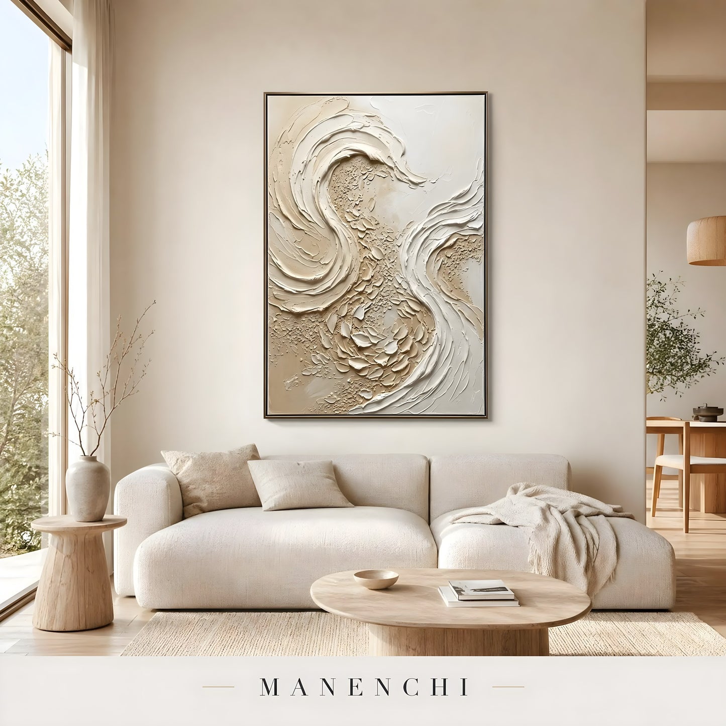 Sculpted Sandstone Swirl abstract painting displayed in light living room
